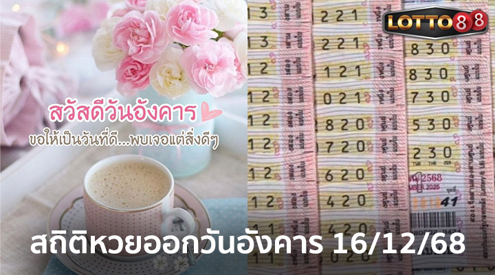 สถิติหวยออกวันอังคาร 16/12/68